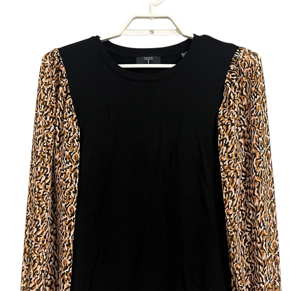 Tahari Leopard Print Sheer Long Sleeve Black Blouse - Picture 2 of 8